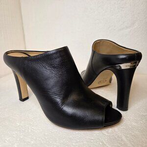 MICHAEL Michael Kors Shaw Black Leather Mule Peep Toe Block Heel Sandals - 6.5